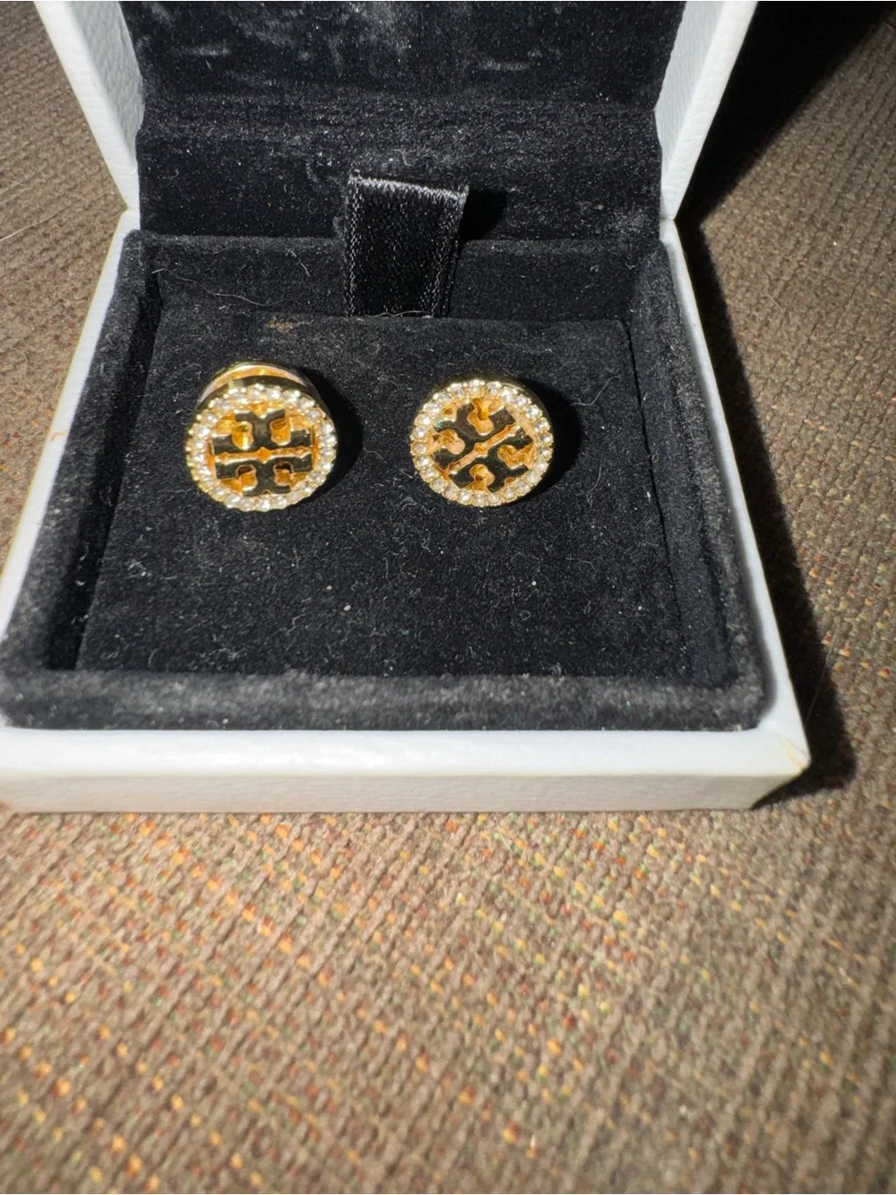 Tory Burch Gold Tone Round Logo-Style CZ Stud Earrings - Gold New without tags